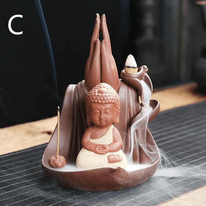 Little Monk Lotus Backflow Ceramic Cone Buddhist Incense Burner Holder Decorations - MRSLM