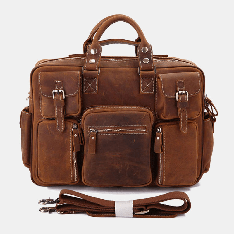 Men Genuine Leather Detachable Strap Large Multi-Pocket 15.6 Inch Laptop Bag Briefcase Messenger Bag Crossbody Bags - MRSLM