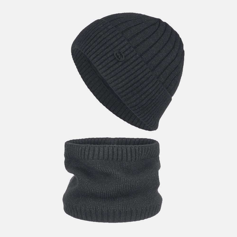 Unisex Thick Striped Iron Label Knitted Hat Scarf Set Autumn Winter plus Velvet Thicken Warm Bib Beanie Hat - MRSLM