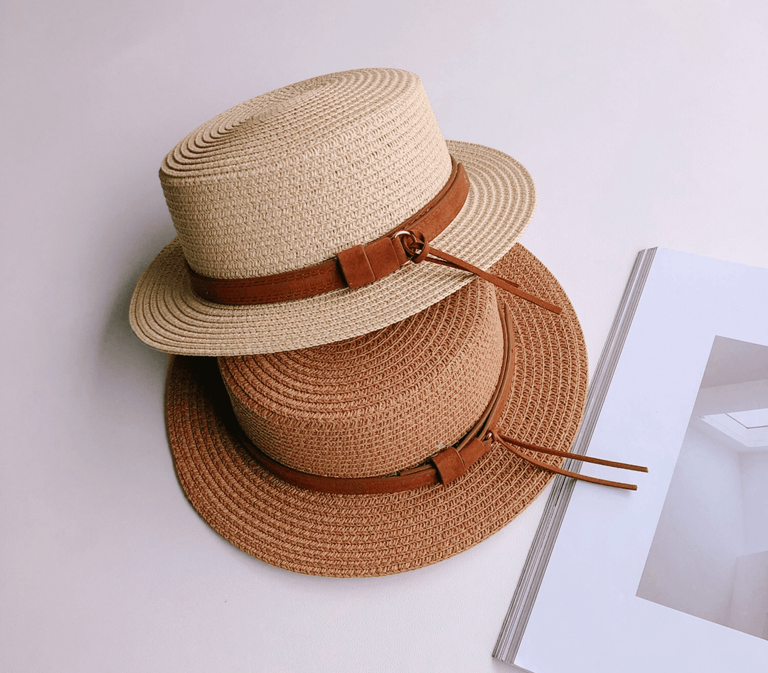 Ins Wind Personality Leather Buckle Children Flat Top Sunshade Straw Hat Summer Outing for Men and Women Baby Big along Sunshade Beach Hat - MRSLM