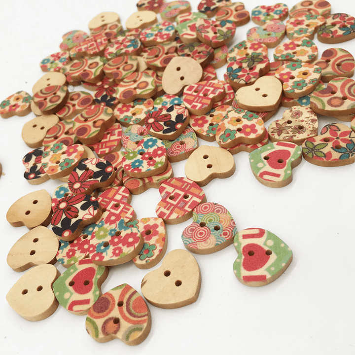 100 PCS Heart Shape Wooden Button Mixed 2 Hole Natural Sewing Children Handmade Clothes Buttons - MRSLM