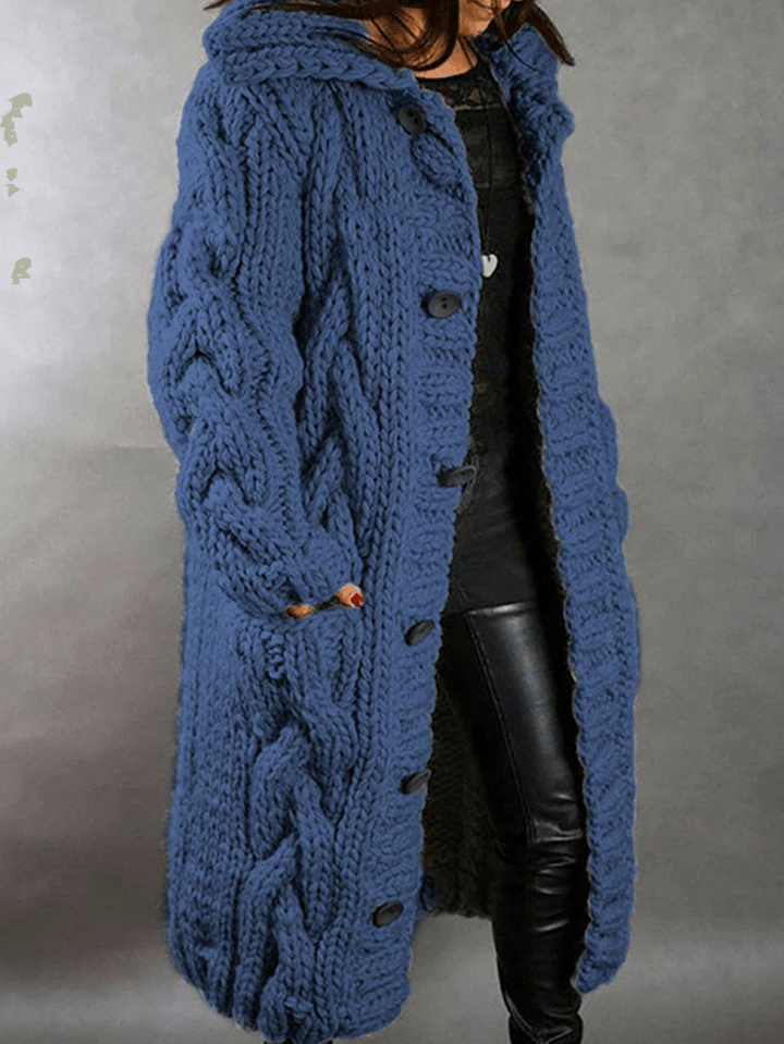 Women Solid Color Jacquard Knitted Mid-Length Hooded Cardigan with Pocket - MRSLM