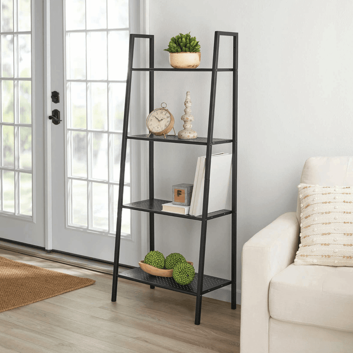 4 Tiers Wall Leaning Ladder Shelf Bookcase Bookshelf Storage Rack Shelves Storage Stand Unit Organizer for Office Home Bedroom Living Room - MRSLM