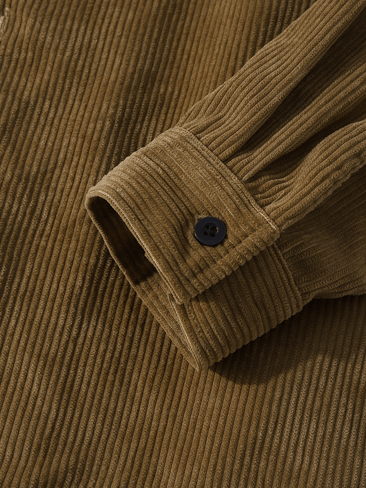 Men Corduroy Chest Pockets Button Drawstring Hooded Shirts - MRSLM