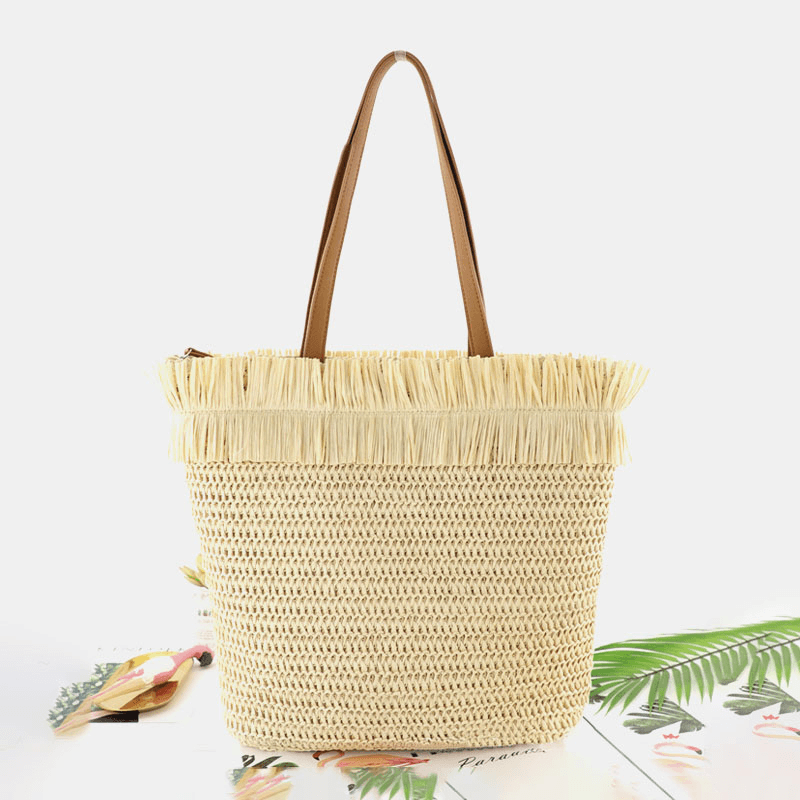 Women Straw Large Capacity Casual Retro Breathable Beach Bag Handbag Shoulder Bag - MRSLM