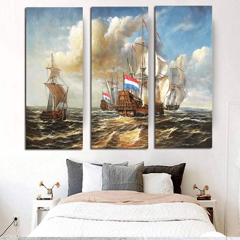 Miico Hand Painted Three Combination Decorative Paintings Sea Vessel Wall Art for Home Decoration - MRSLM