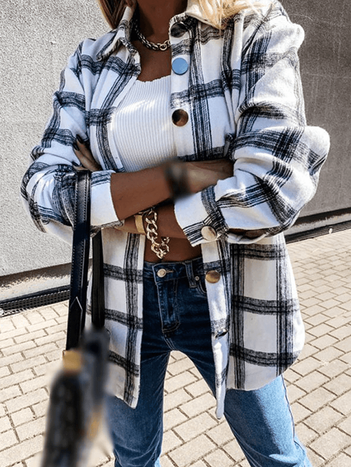 Women Plaid Button Front Lapel Casual Long Sleeve Shirt Coats - MRSLM