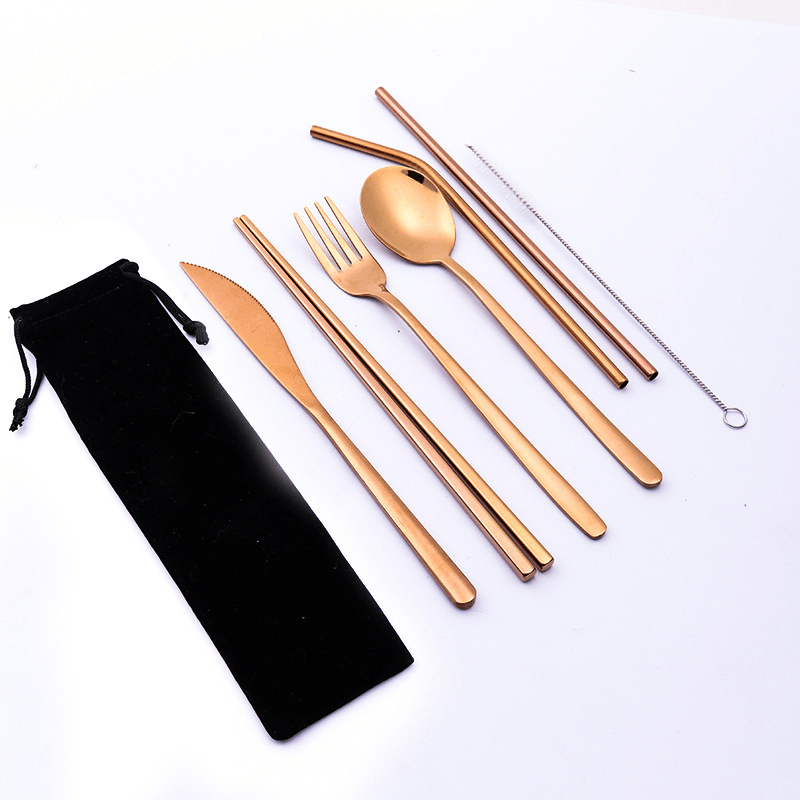 7 Pcs Tableware Set Stainless Steel Fork Spoon Knife Chopsticks Straw Brush Portable Flatware Outdoor Camping Picnic - MRSLM