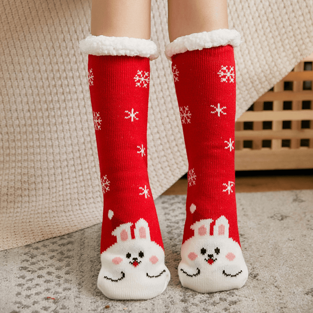 Women Warm Winter Outdoor Christmas Style Cartoon Animals Pattern plus Velvet Thicken Home Sleep Socks Tube Socks - MRSLM