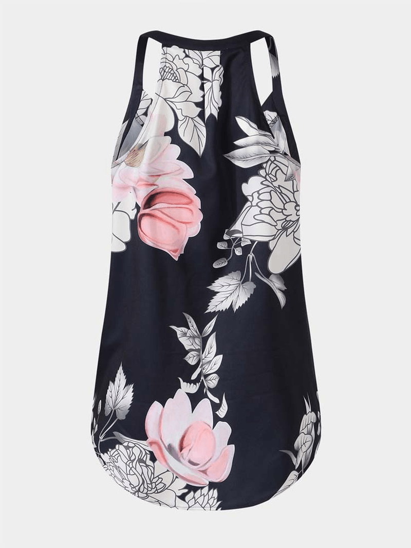 Vintage Floral Print Halter V-Neck Sleeveless Wrap Tank Top - MRSLM