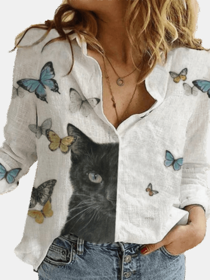 Women Cartoon Cat Butterfly Print Button up Lapel Casual Long Sleeve Shirts - MRSLM