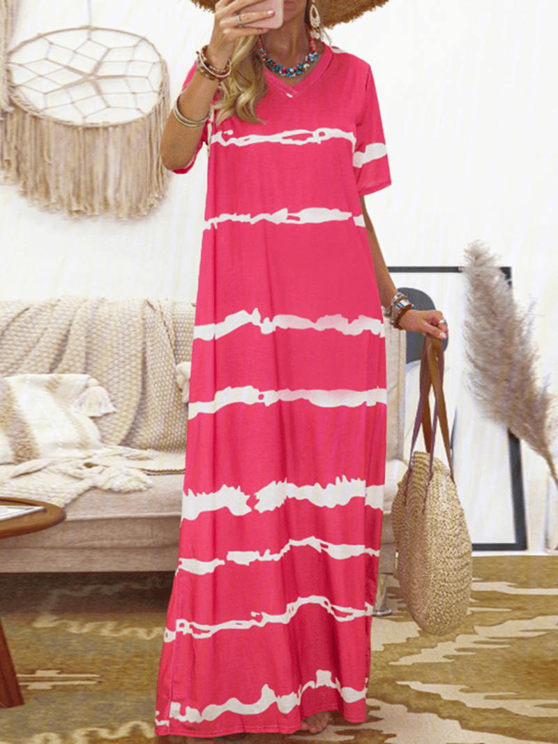 Bohemian Stripe Printed Clash Color Splicing Design V-Neck Dress - MRSLM