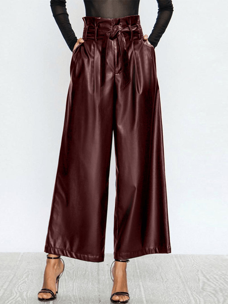 Women Causal High Waist Belted Wide Leg Pocket Pants - MRSLM