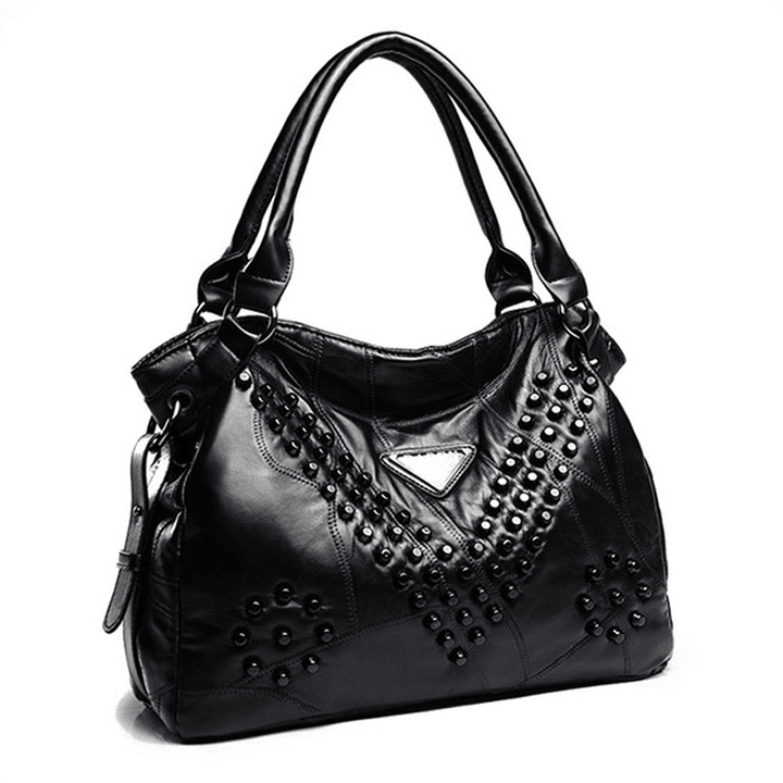 Women Genuine Leather Rivet Fashion Patchwork Handbag - MRSLM