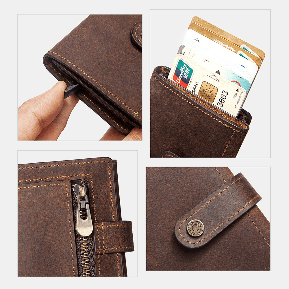 Men Retro Trifold RFID Blocking Antimagnetic Wallet Genuine Leather 9 Card Slot Card Holder Coin Purse - MRSLM