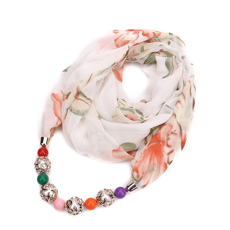 Print Alloy Pendant Scarf Beaded Pendant Scarfprinted Chiffon Necklace - MRSLM