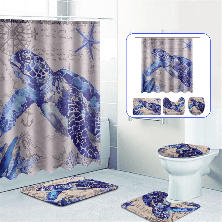 Bathroom Shower Curtain Sea Turtle Pedestal Rug Lid Toilet Cover Bath Mat Decor - MRSLM