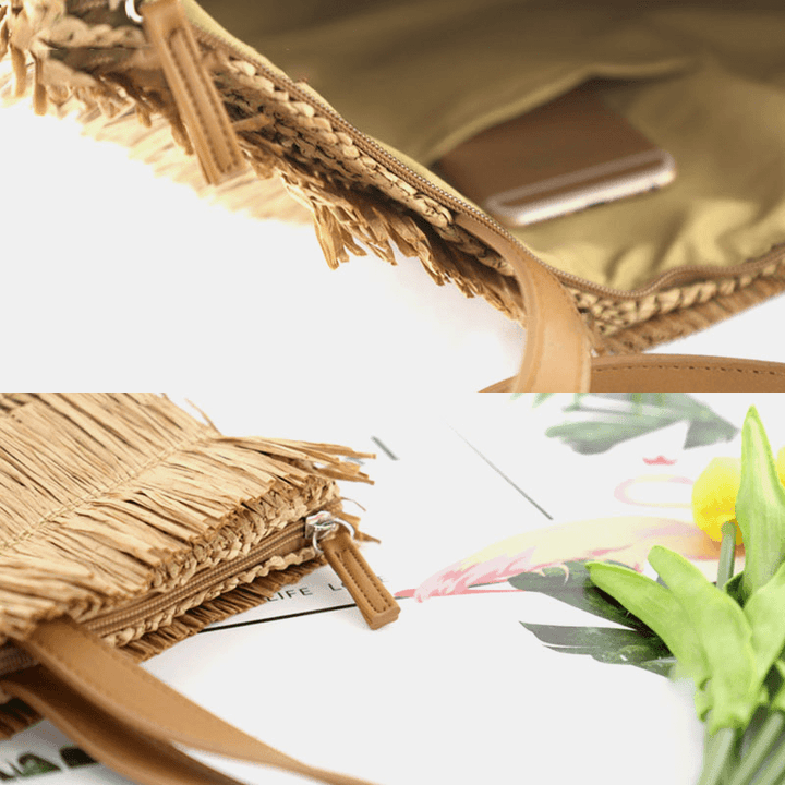 Women Straw Large Capacity Casual Retro Breathable Beach Bag Handbag Shoulder Bag - MRSLM