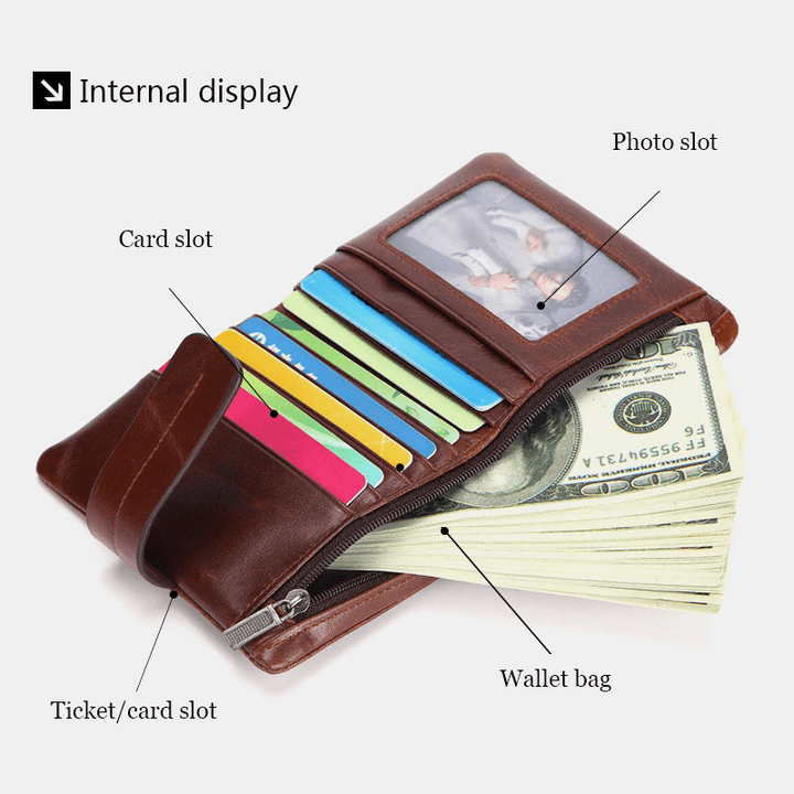 Men Genuine Leather Retro Zipper Cowhide Multi-Slot Card Holder Wallet - MRSLM