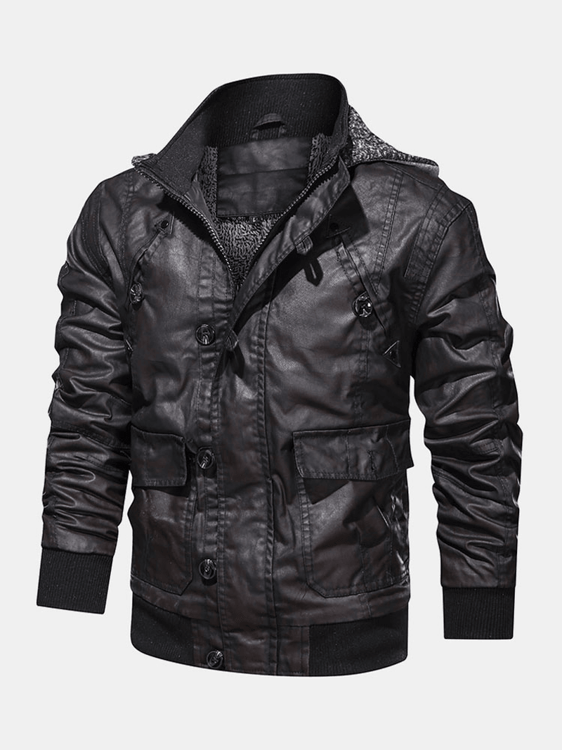 Mens Hooded Pocket PU Leather Motorcycle Jacket - MRSLM