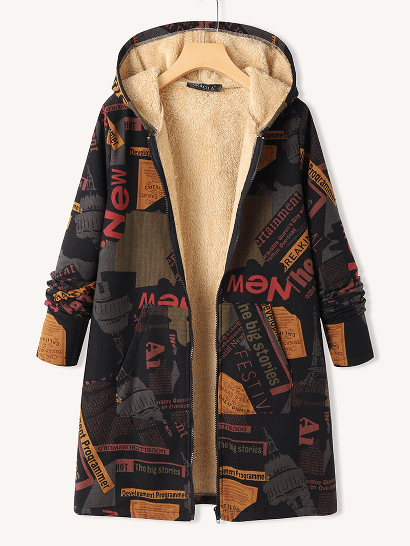 Women Hooded Plush Patchwork Letter Print Pocket Zip Front Long Sleeve Casual Jackets - MRSLM