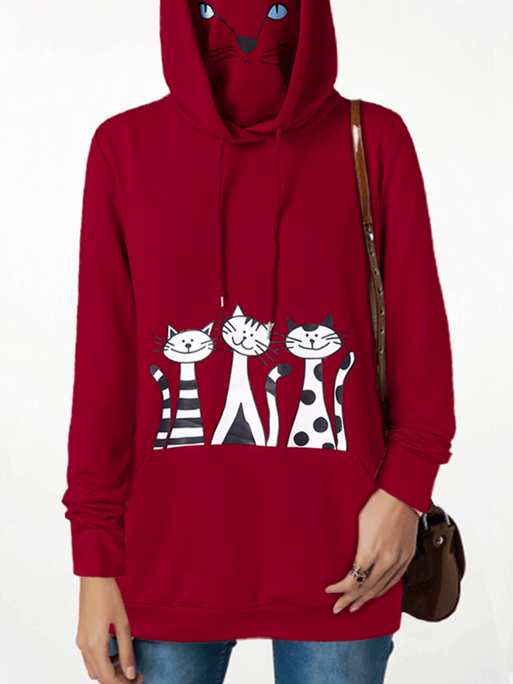 Women Cartoon Cat Print Double Neckline Masked Long Sleeve Hooded Sweatshirts - MRSLM