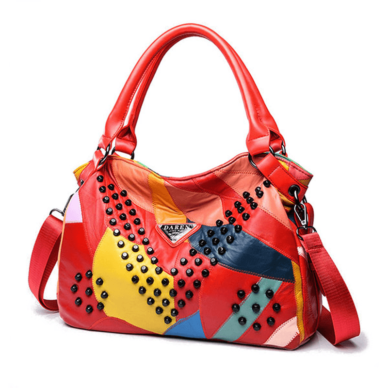 Women Genuine Leather Rivet Fashion Patchwork Handbag - MRSLM