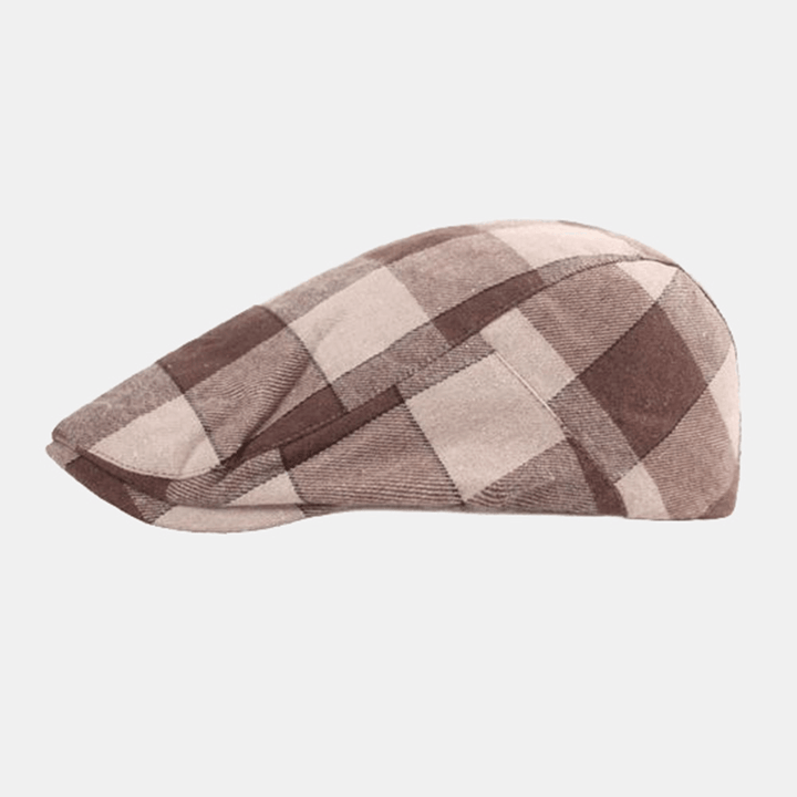 Men Contrasting Colors Plaid Pattern Adjustable Beret Cap Retro Winter Warmth Forward Hat Flat Cap Cabbie Hat - MRSLM