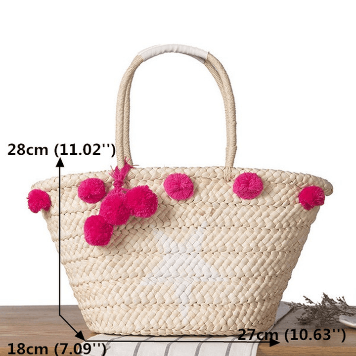 Women Woven Straw Beach Handbag Travel Plush Ball Bag Tote Bag - MRSLM