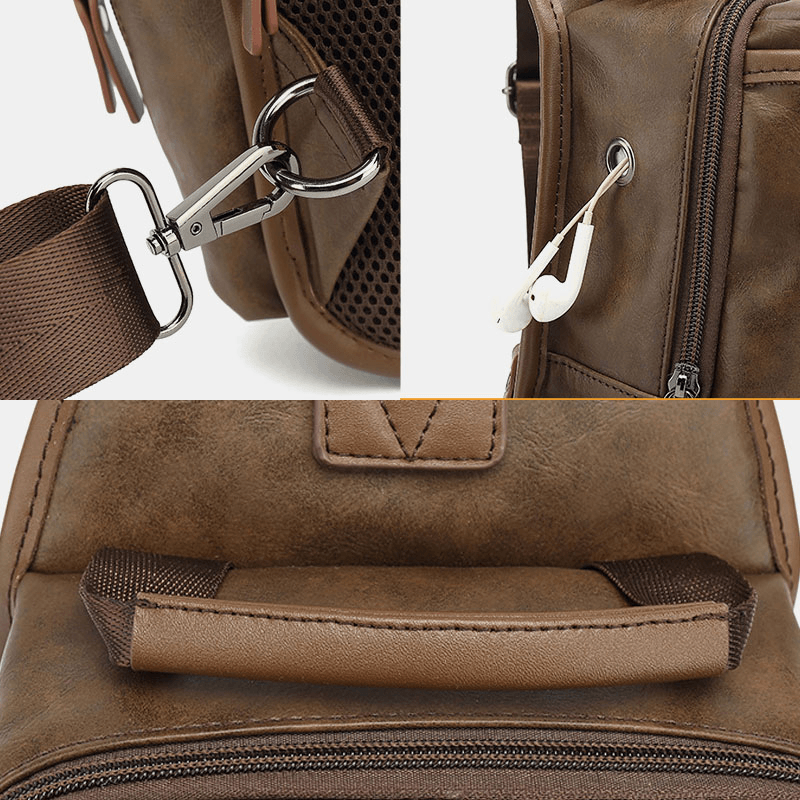 Men PU Leather Vintage Multifunction Earphone Hole USB Charging Crossbody Bag Chest Bag Sling Bag - MRSLM