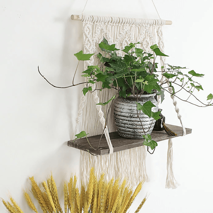 Macrame Plant Hanger Platform Basket Bohemian Hand Woven Tapestry Wood Pot Shelf - MRSLM