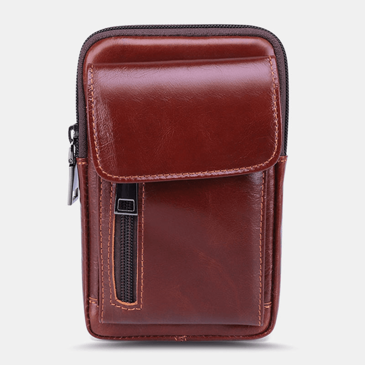 Men Flap-Over Front Zipper Pocket Belt Bag Sport Casual 6.3 Inch Phone Bag Genuine Leather Waist Bag - MRSLM