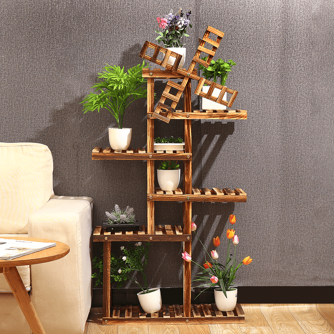 Wooden Plant Stand Windmill-Shape Flower Pots Organizer Shelf Display Rack Holder Bookshelf for Indoor Outdoor Patio Garden Corner Balcony Living Room - MRSLM