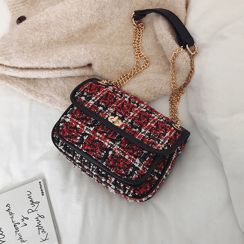 Women Mix Color Woven Woolen Vintage Chain Bag Clutch Bag Crossbody Bag - MRSLM