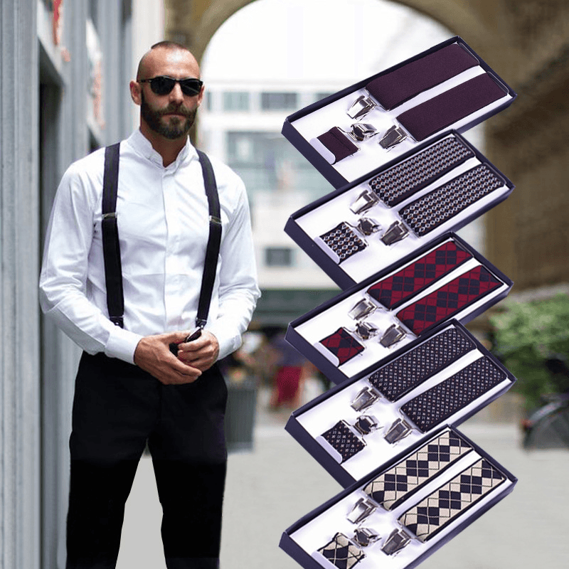 Men Geometry Pattern 3 Clip 100Cm Adjustable High Elastic Shoulder Sling Trouser Strap Suspenders Braces Belt - MRSLM