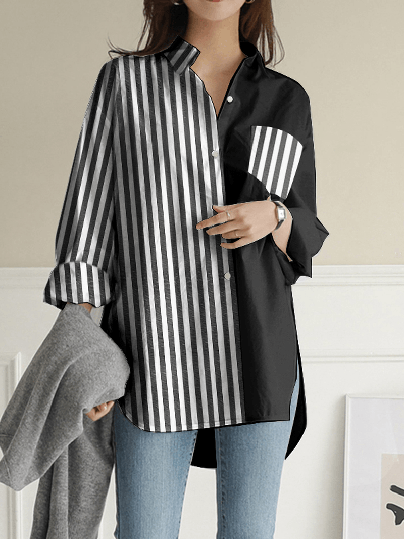 Women Stripes Patchwork High Low Split Hem Casual Long Sleeve Shirts - MRSLM