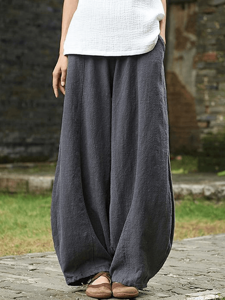 Cotton Linen Solid Color Elastic Waist Loose Casual Pants with Pocket - MRSLM