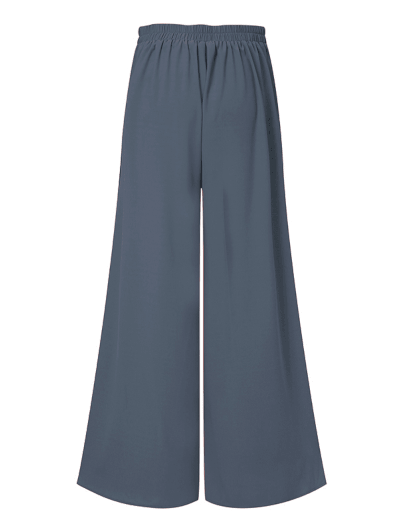 Women Solid Color Side Button Elastic Waist Loose Casual Wide Leg Pants with Pocket - MRSLM