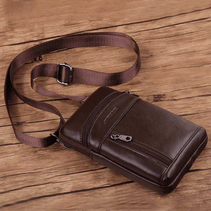 Men Genuine Leather 6.5 Inch Retro Phone Bag Belt Bag Crossbody Bag - MRSLM