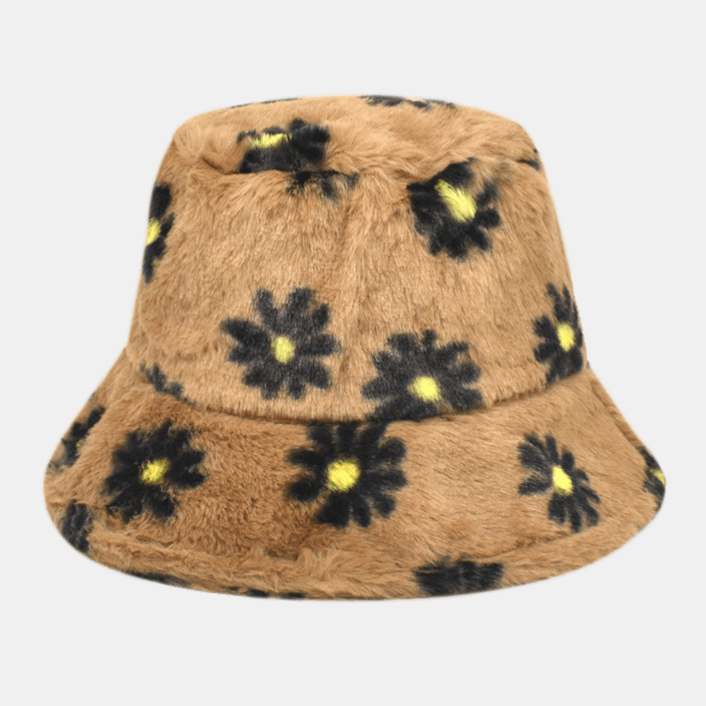 Women Lamb Hair Soft Warm plus Thicken Casual All-Match Cute Daisy Flower Pattern Bucket Hat - MRSLM