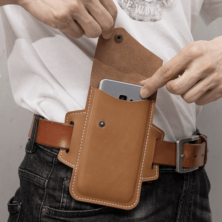 Men Genuine Leather Vintage 6.3 Inch Phone Bag Waist Bag Belt Bag - MRSLM