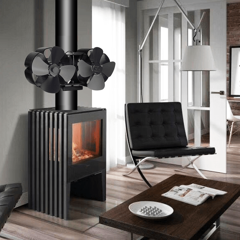 8 Blades Fireplace Fan Silent Stove Fan Dual Twin Heads Wall-Mounted Wood Burner Fan - MRSLM