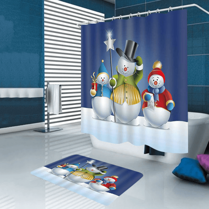 Bathroom Christmas Snowman Shower Curtain & 3PCS Mat Set Toilet Cover 180*180CM - MRSLM