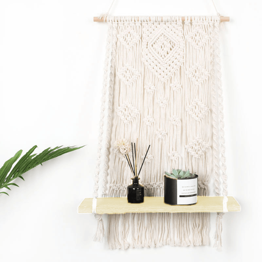 Macrame Plant Hanger Basket Hand Woven Tapestry Wood Pot Shelf Room Decoration - MRSLM