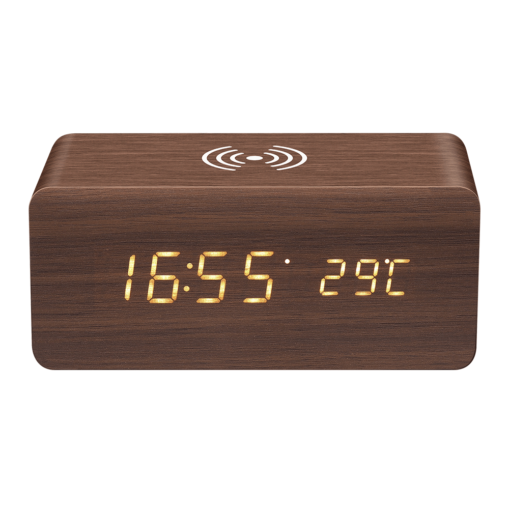 Digoo DG-AC80 LED 12/24 Hour Adjustable Display Wooden Clock Wirless Charging Voice Control Alarm Cl - MRSLM