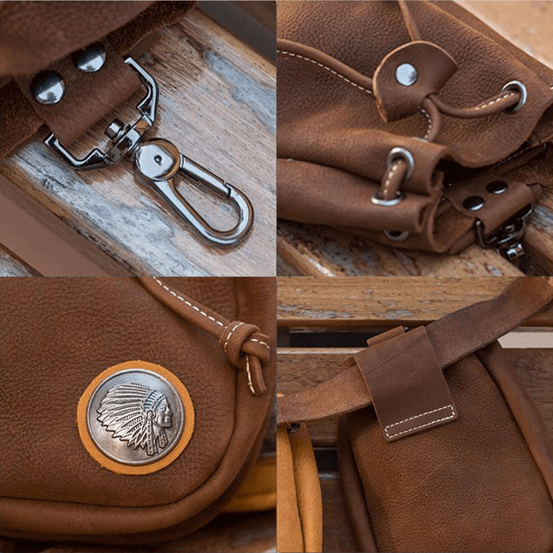 Men Genuine Leather Retro String Pocket Badge Decoration Waist Bag 6.3 Inch Phone Bag - MRSLM