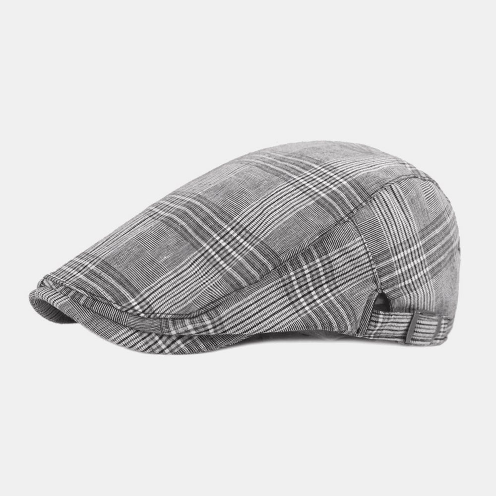 Men Cotton Beret Cap Plaid Pattern Casual Retro Sunshade Forward Cap Flat Hat - MRSLM