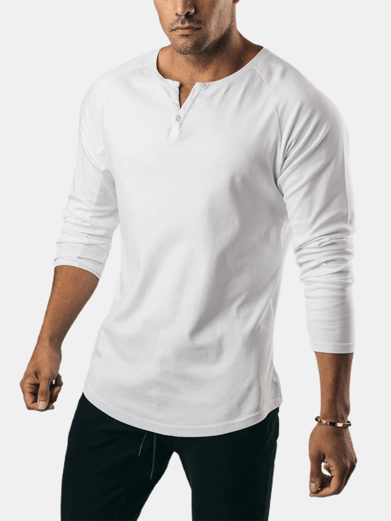 Mens Cotton Solid Color Button round Neck Long Sleeve Basic T-Shirt - MRSLM