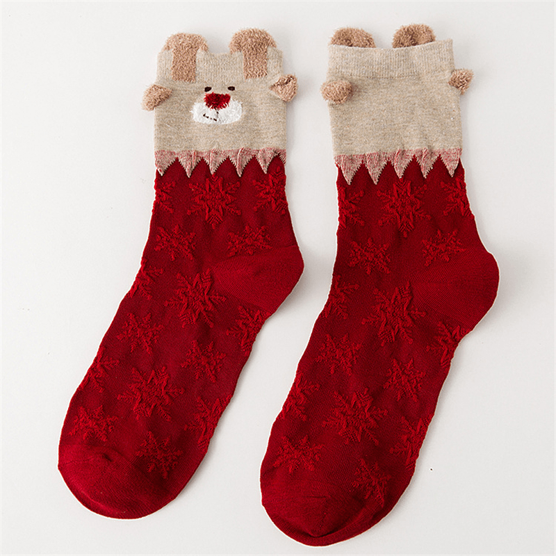 Women Cute Christmas Elk Cotton Socks Warm Soft Middle Tube Socks - MRSLM