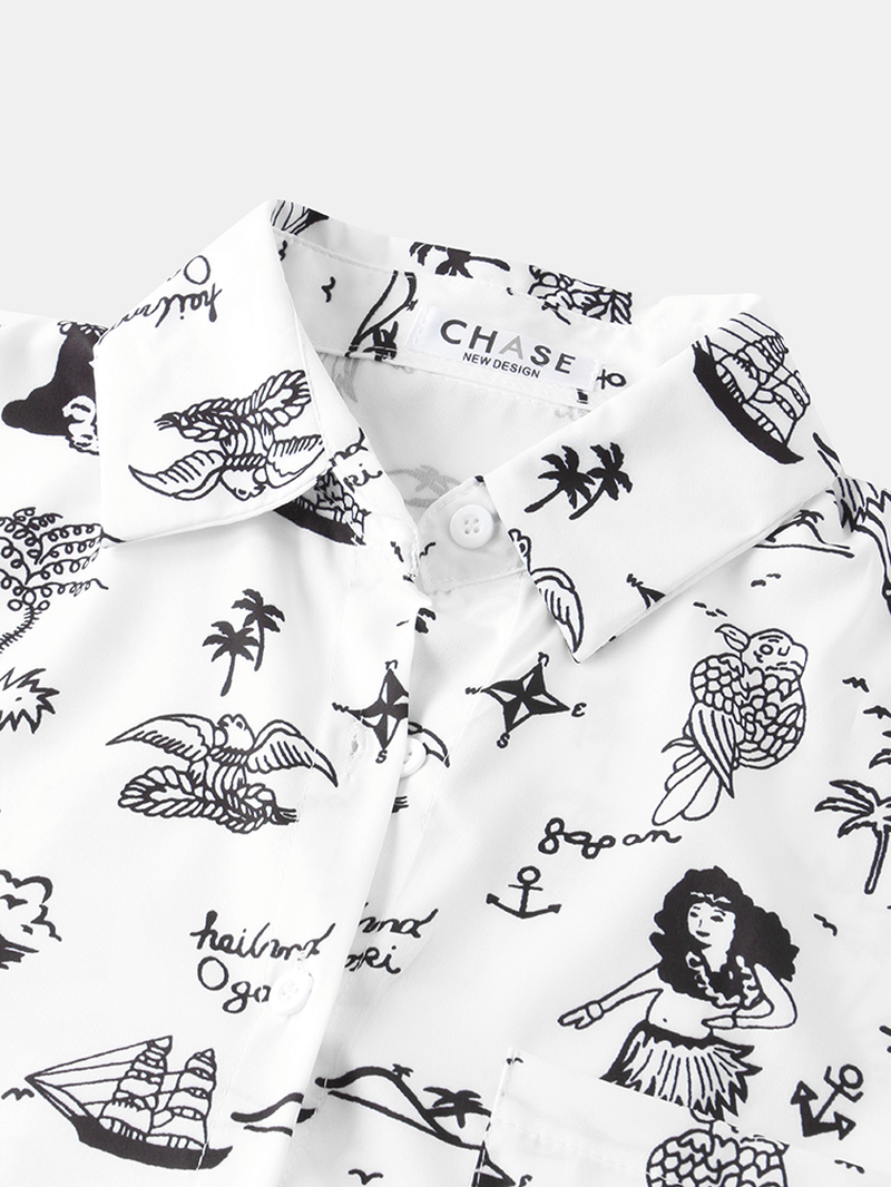 Women Funny Cartoon Printed Lapel Collar Loose Shirts - MRSLM